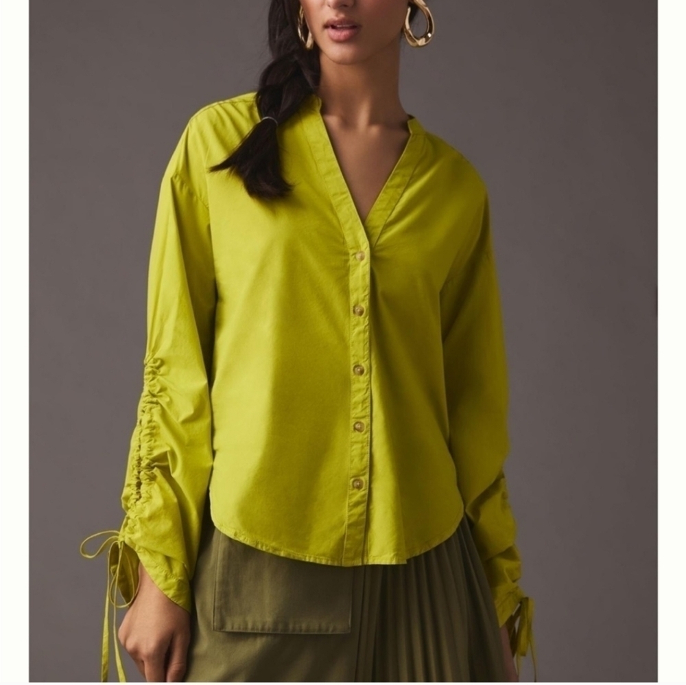 Pilcro Anthropologie Drawstring Chartreuse Poplin Button Blouse Womens XXS - Picture 2 of 14